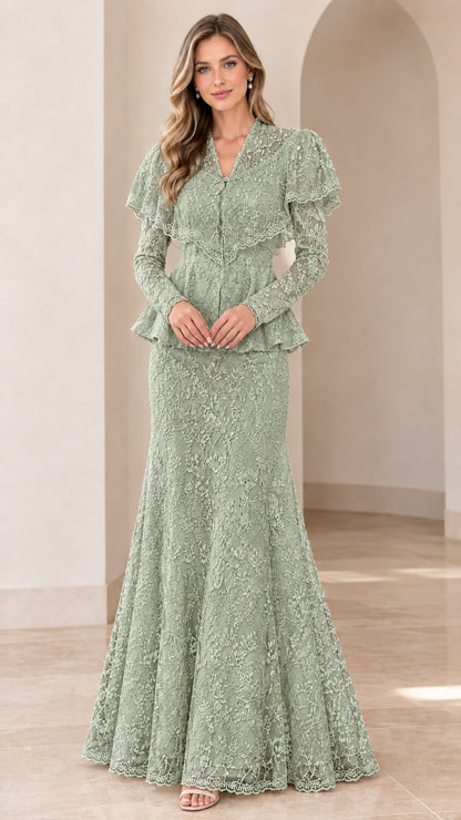 Full-length front view of the long sleeve lace maxi gown in sage green