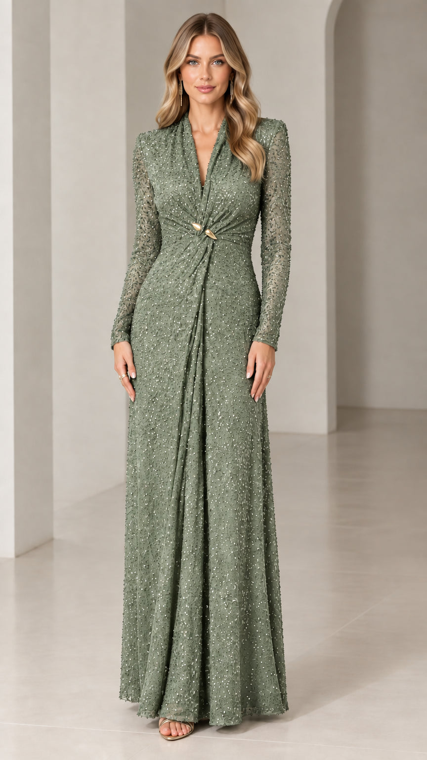Front view of sage green long-sleeve sequin evening maxi dress