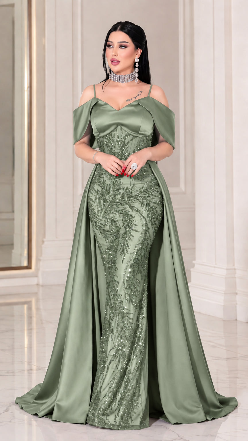 Full-length front view of model wearing Sage Green beaded off-the-shoulder mermaid gown with overskirt