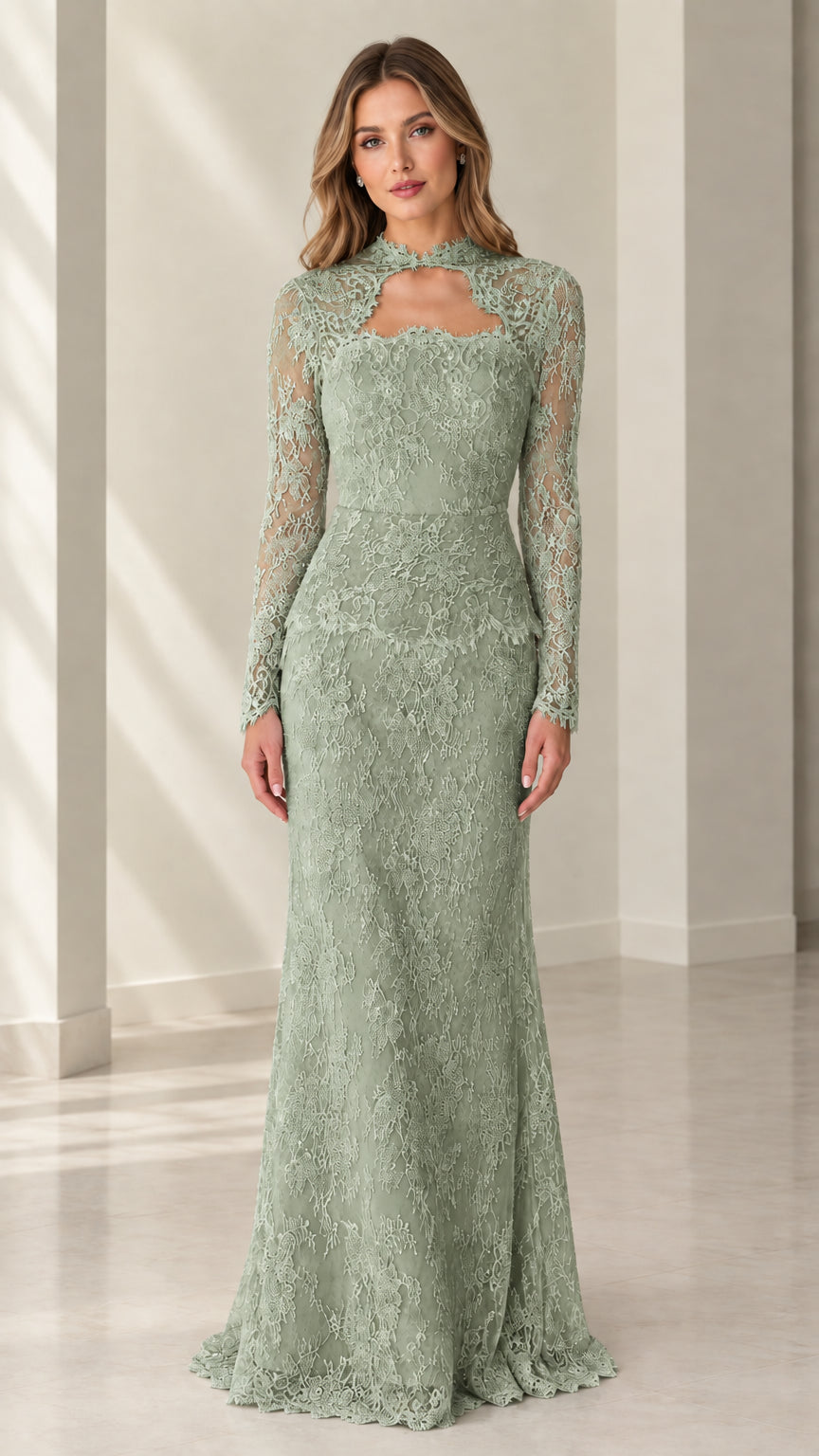 Front view of woman wearing sage green long sleeve lace evening gown