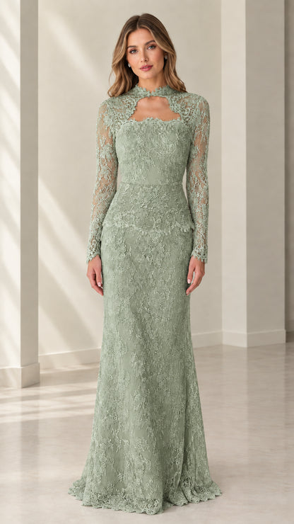 Front view of woman wearing sage green long sleeve lace evening gown
