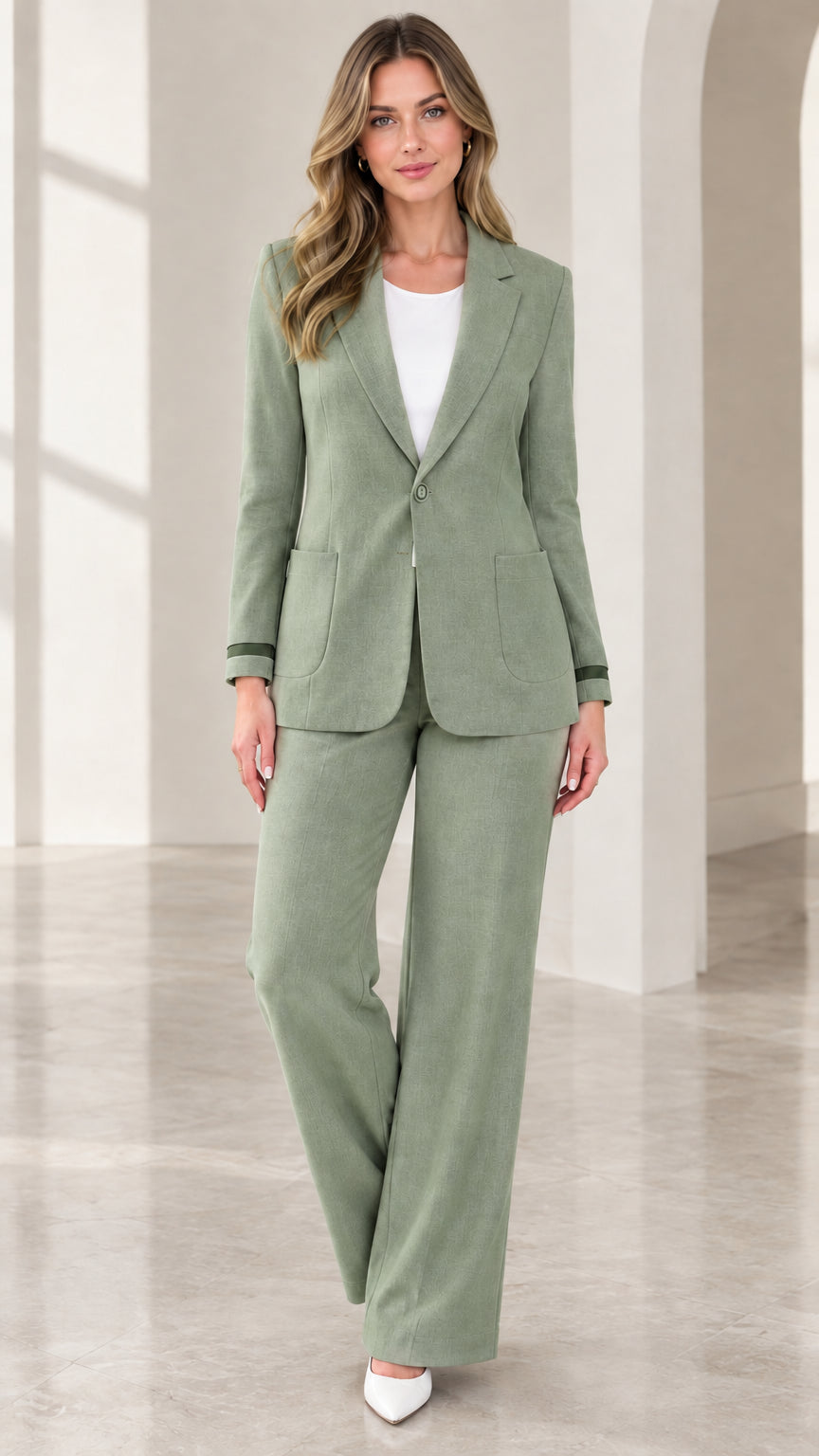 Sage green two-piece single-breasted blazer and trousers suit set