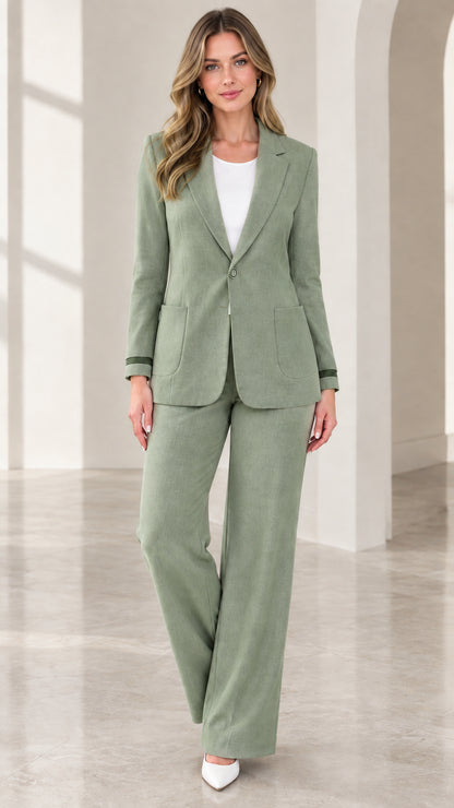 Sage green two-piece single-breasted blazer and trousers suit set