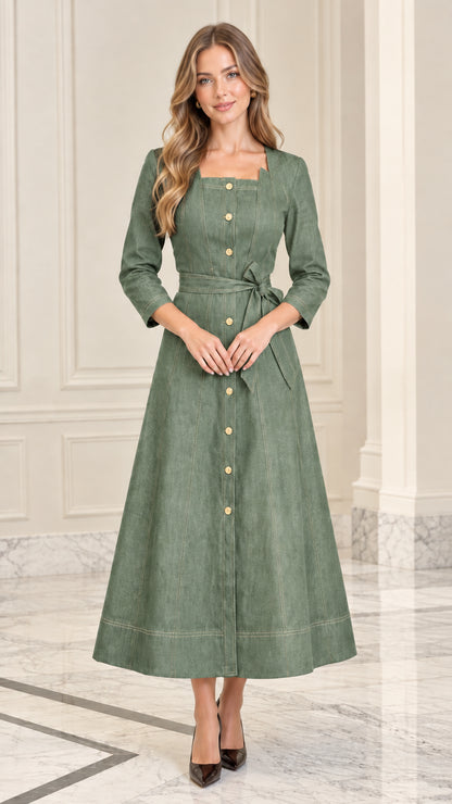 Model wearing Sage Green square neck button-down midi dress with tie belt