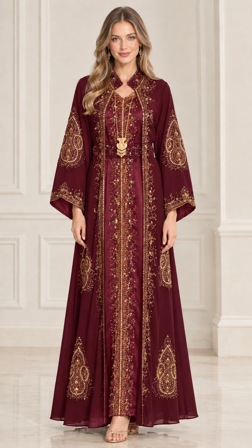 Burgundy wine red embroidered Moroccan kaftan formal gown