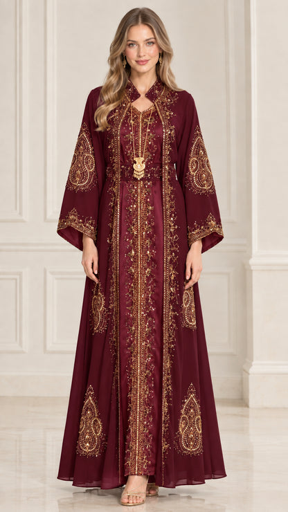 Burgundy wine red embroidered Moroccan kaftan formal gown
