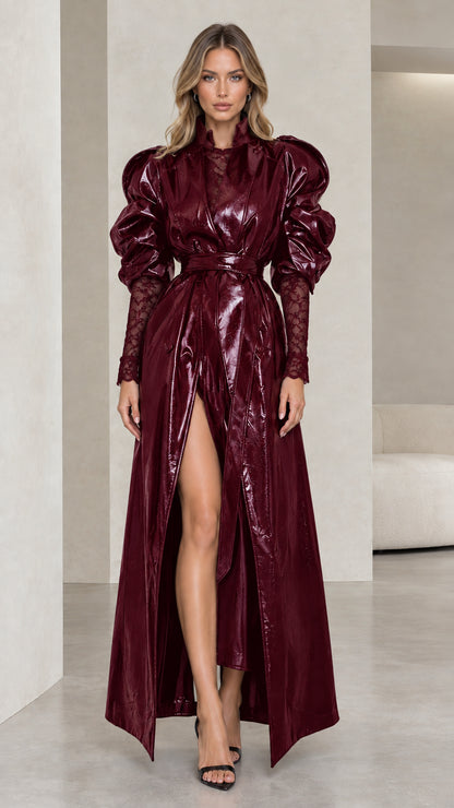 Burgundy wine red glossy patent maxi trench coat dress