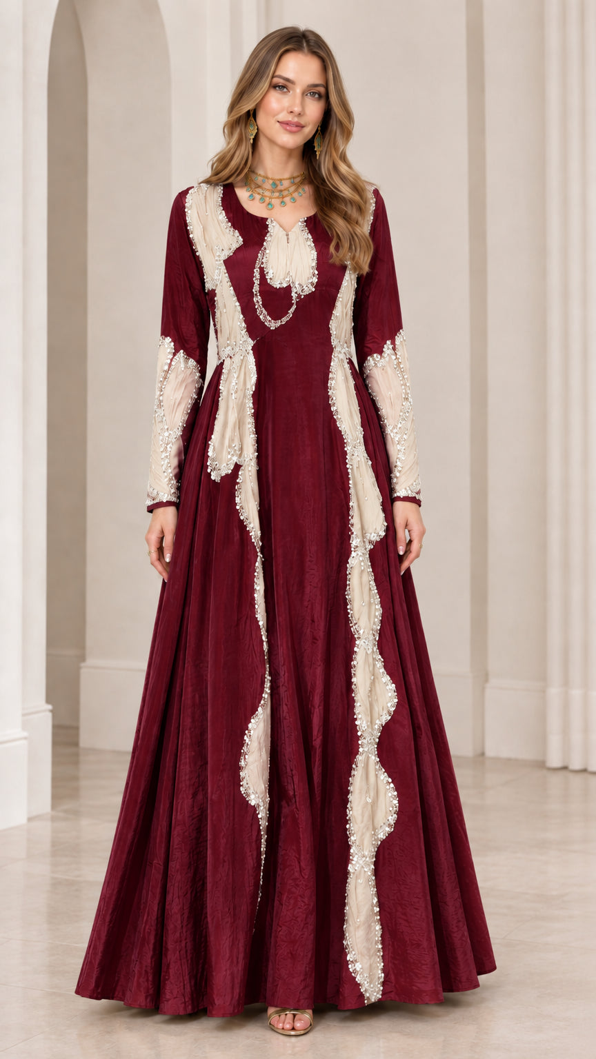 Burgundy wine red long sleeve maxi gown with contrast embroidered panels
