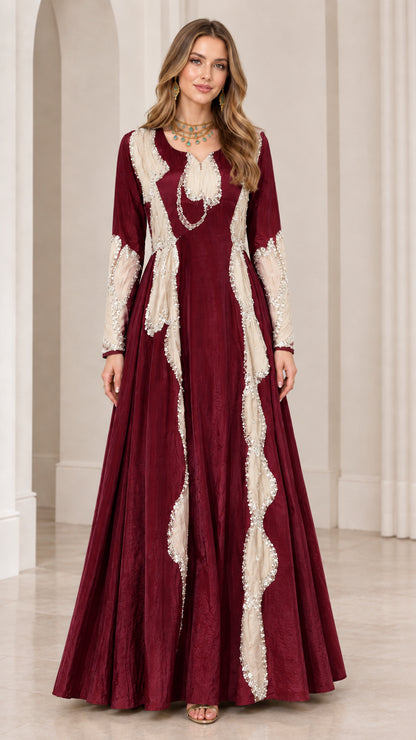 Burgundy wine red long sleeve maxi gown with contrast embroidered panels