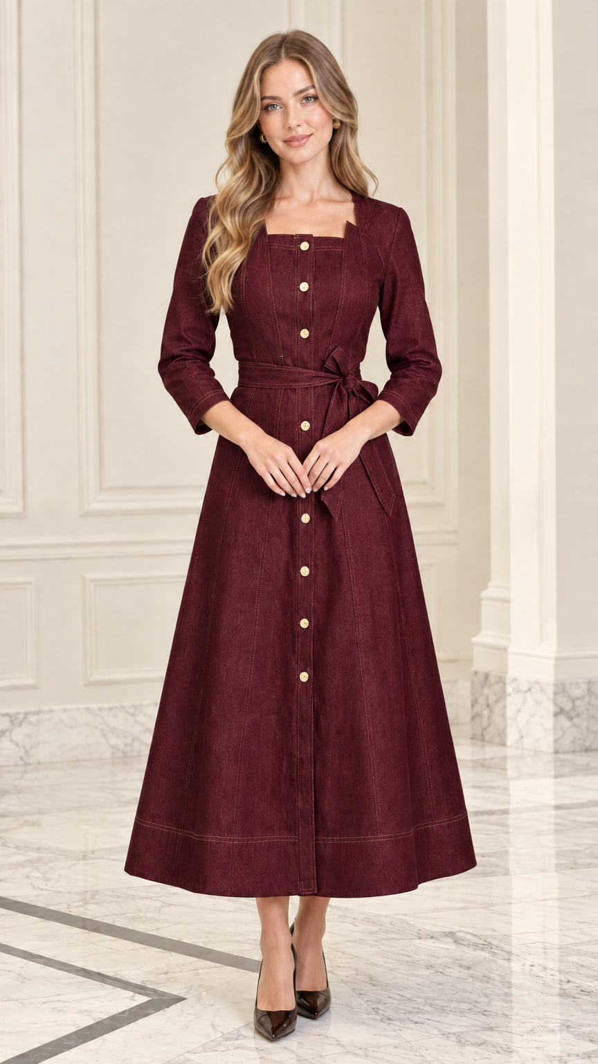 Model wearing Burgundy square neck button-down midi dress with tie belt