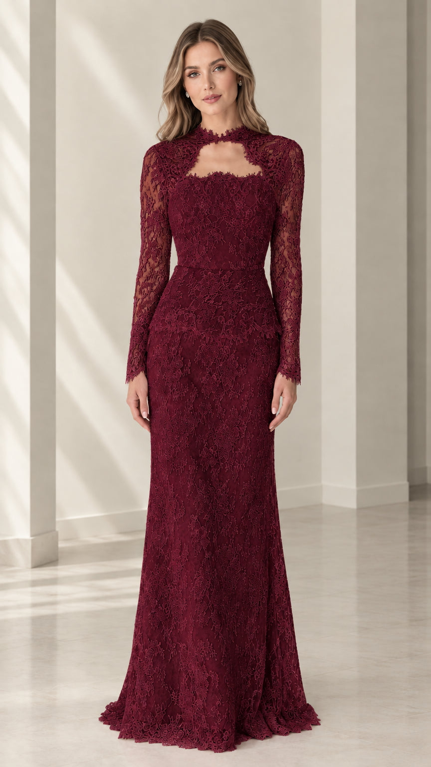 Front view of woman wearing burgundy long sleeve lace evening gown