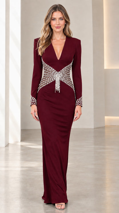 Front view of burgundy wine red formal evening dress with crystal waist cutout