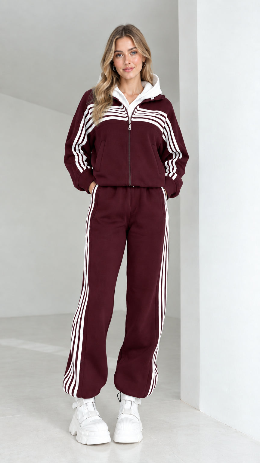 Woman wearing burgundy striped 2-piece hooded tracksuit set