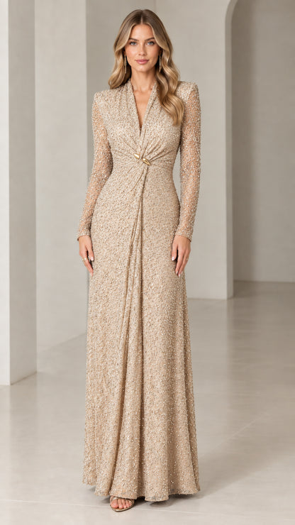Front view of champagne gold long-sleeve sequin evening maxi dress