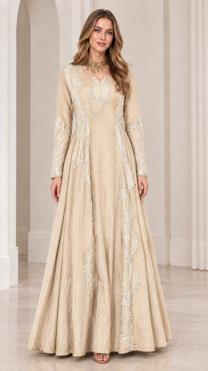 Champagne beige monochrome long sleeve formal maxi gown