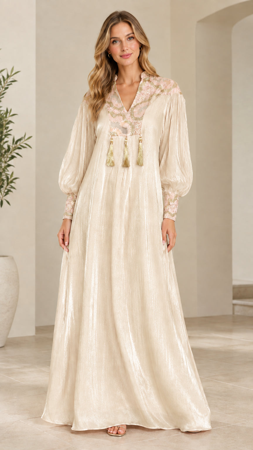 Full-length front view of model wearing Champagne embroidered shimmer maxi dress