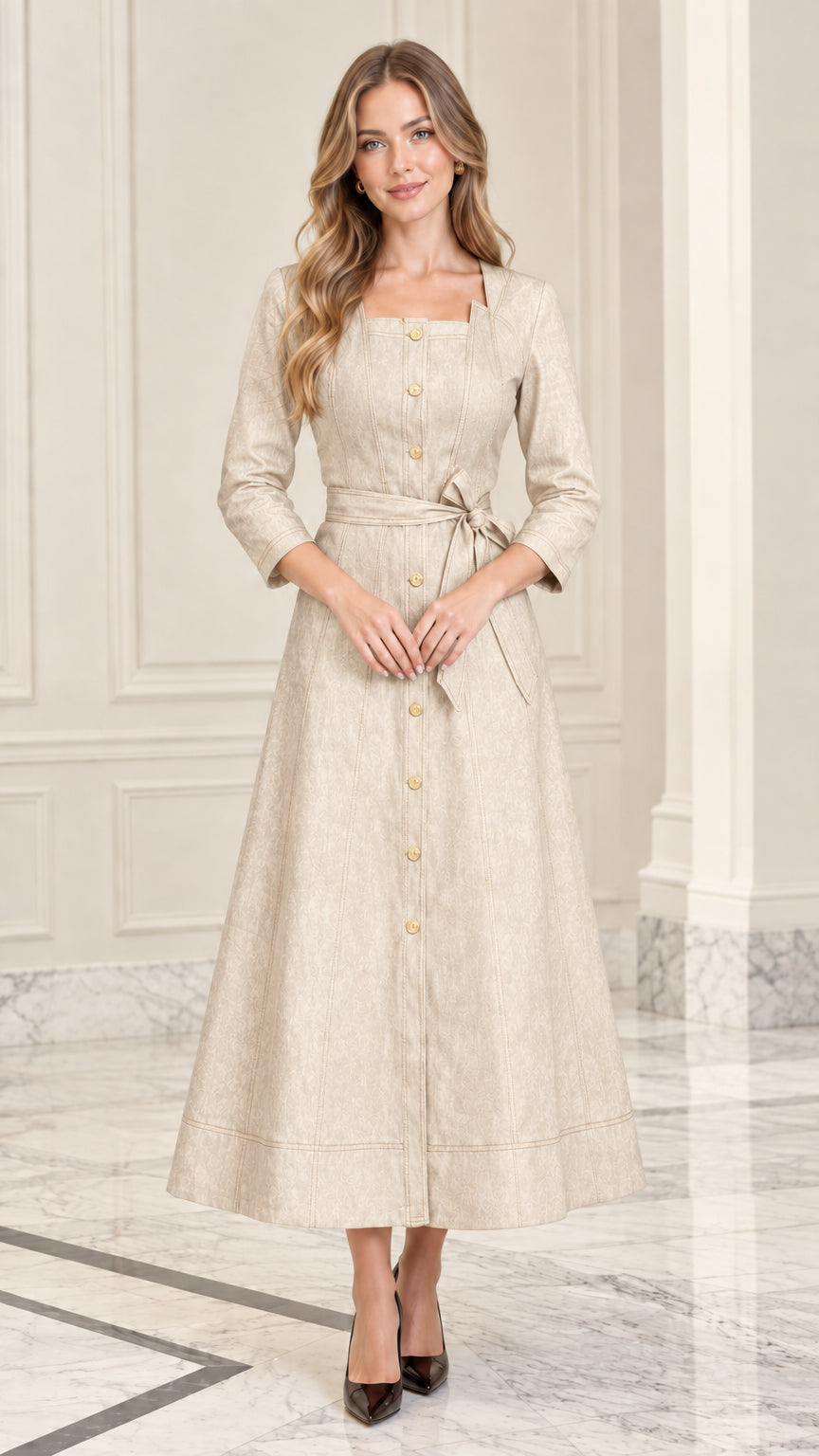 Model wearing Beige square neck button-down midi dress with tie belt