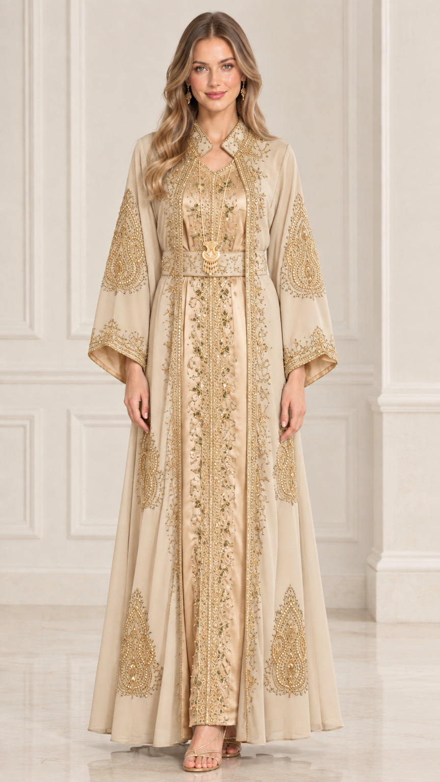 Champagne beige gold embroidered Moroccan kaftan maxi dress