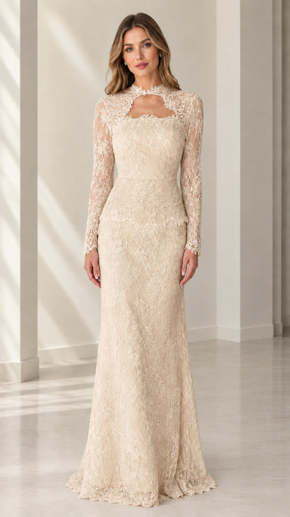 Front view of woman wearing champagne long sleeve lace evening gown