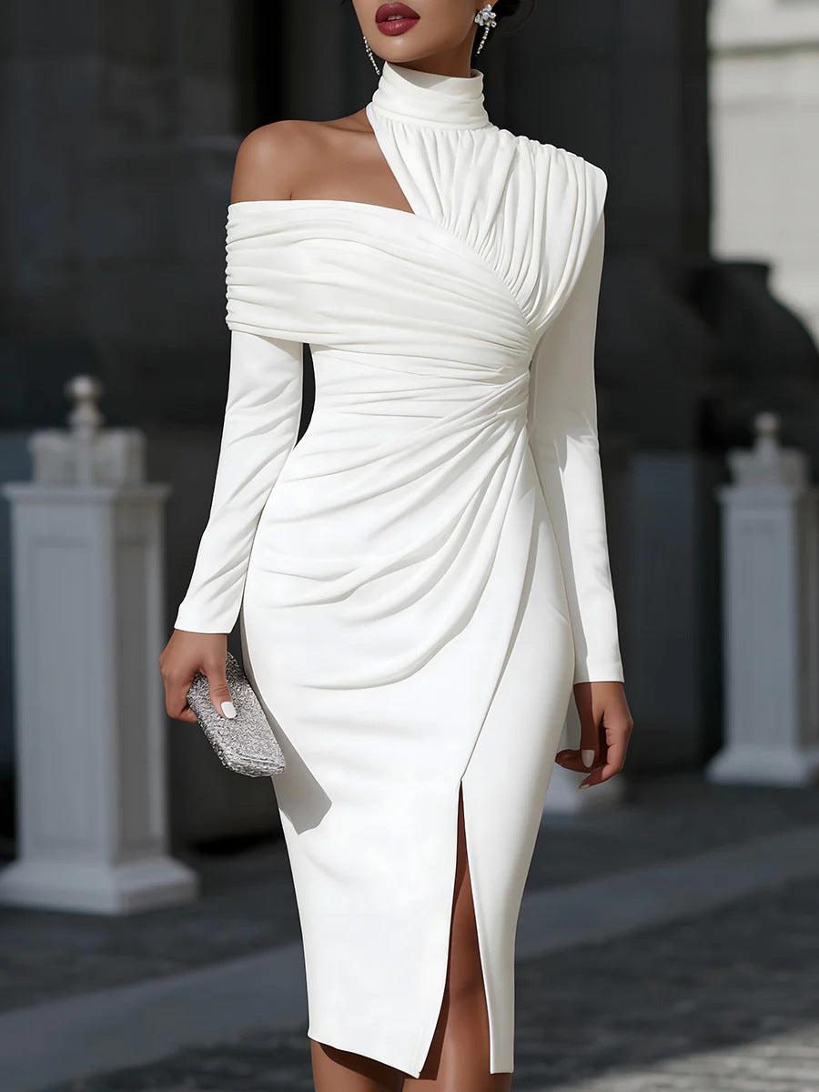 Asymmetric Ruched Midi Dress | Long Sleeve Occasion Dress